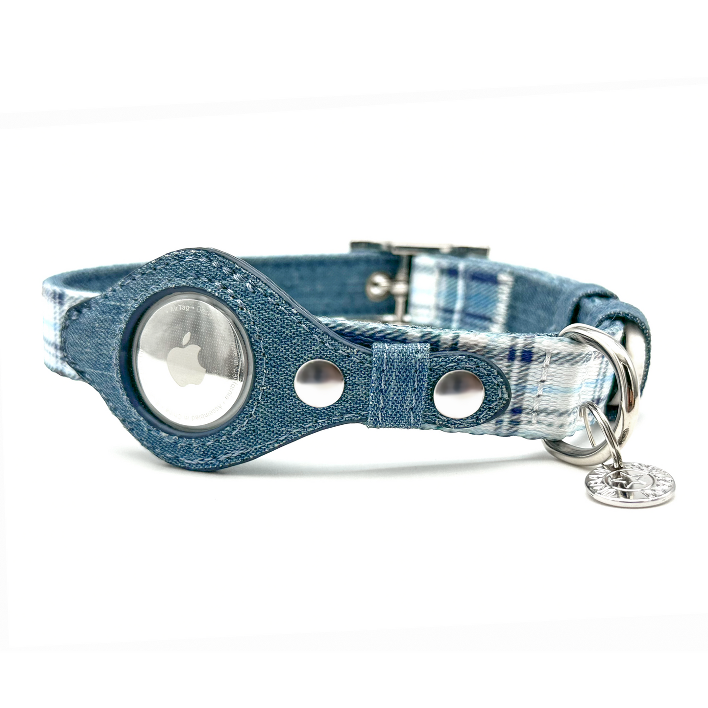 Airtag Collar - Blue Plaid & Denim