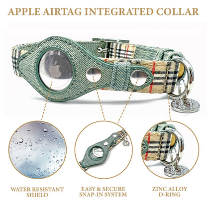 Airtag Collar - Beige Plaid & Denim