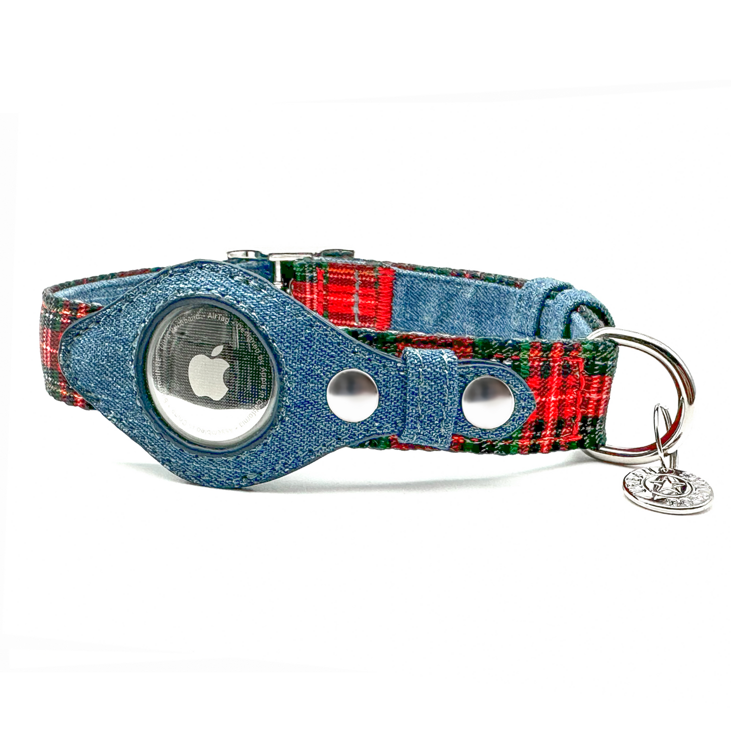 Airtag Collar - Red Plaid & Denim