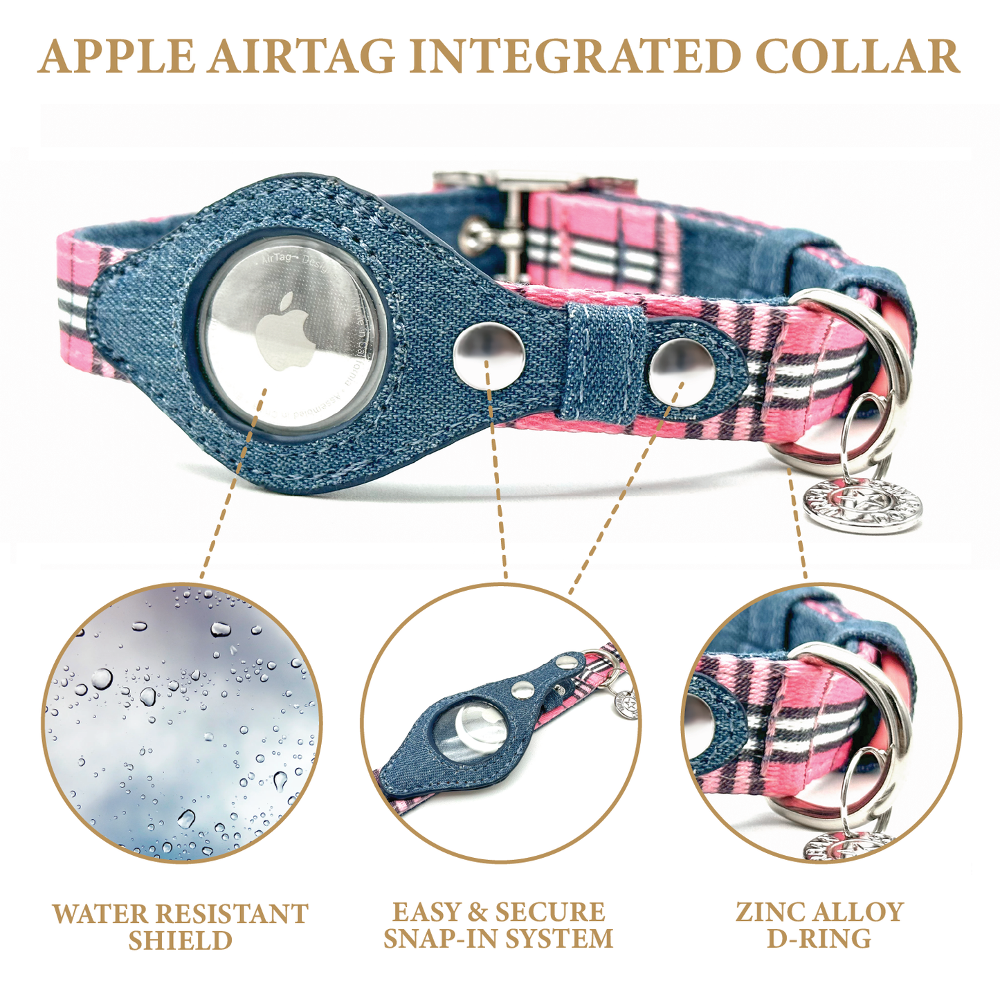 Airtag Collar - Pink Plaid & Denim