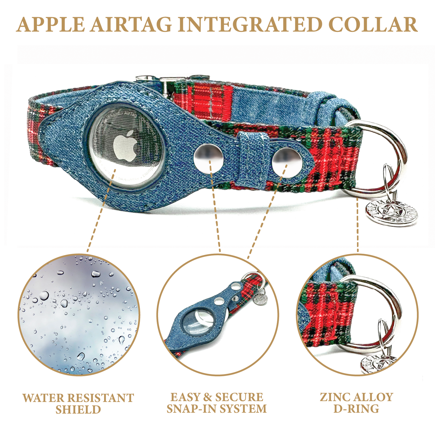 Airtag Collar - Red Plaid & Denim